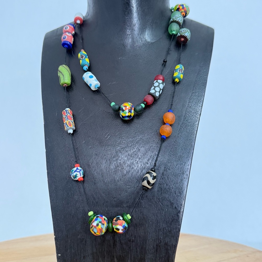 Hand-knotted African Trade Bead Necklace Ghana Krobo Fused Powder Recycled Glass